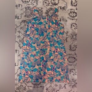 Fresh Produce Women's Sleeveless Coral & Teal Seashell Print Dress Size Med. EUC